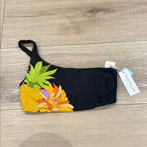 Seafolly Black One-Shoulder Bikini Top with Pineapple Floral Accent